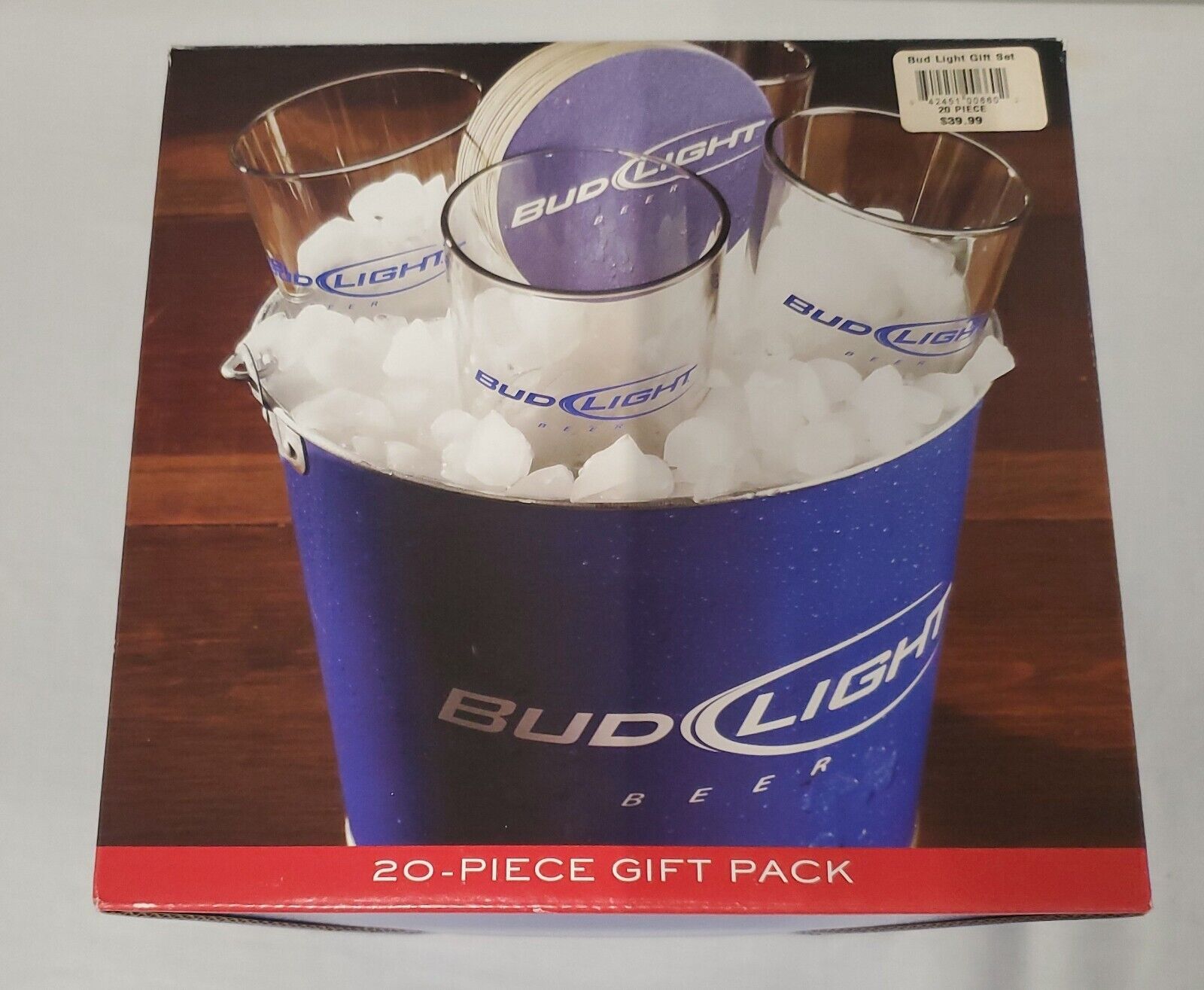 NEW SEALED Bud Light Beer 20 Piece Gift Pack 4 Glasses 15 Coasters 1 Bucket