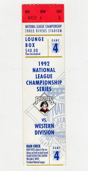 VINTAGE 1992 NLCS Game 4 Atlanta Braves Pittsburgh Pirates Ticket John Smoltz W