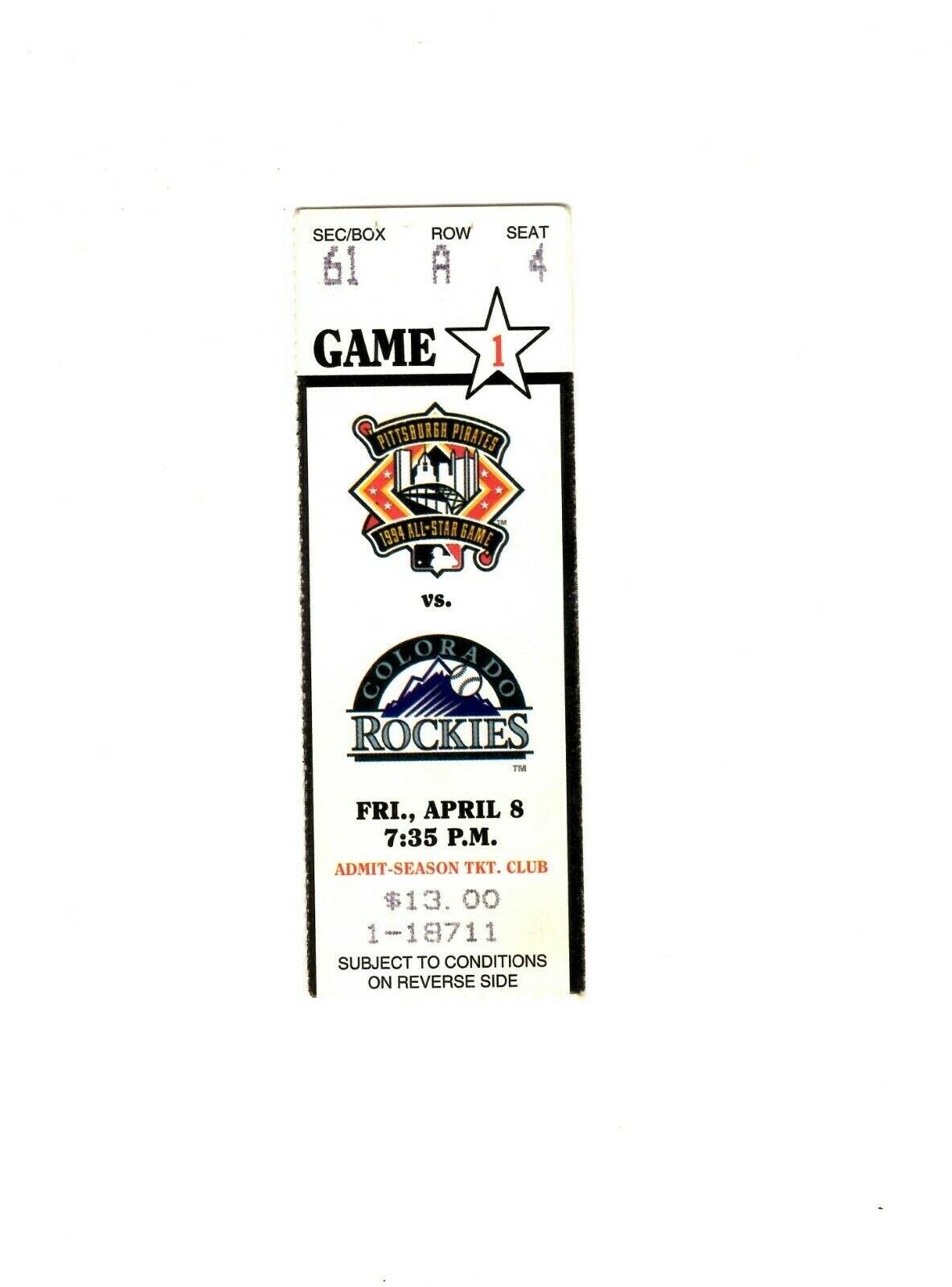 Apr 8 1994 Colorado Rockies @ Pittsburgh Pirates Ticket Home Opener Bichette HR