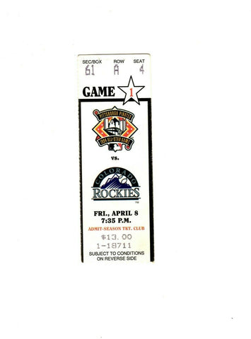 Apr 8 1994 Colorado Rockies @ Pittsburgh Pirates Ticket Home Opener Bichette HR