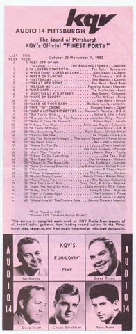 ORIGINAL Vintage KQV Pittsburgh October 25 1965 Music Survey Rolling Stones #1