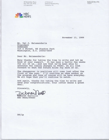 Deborah Norville Signed 1989 NBC News Typed Letter