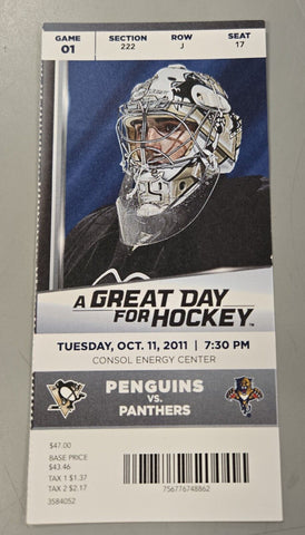 Oct 11 2011 Panthers @ Penguins Ticket Pascal Dupuis Goal