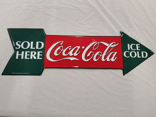 VINTAGE 1990 Coca Cola Sold Here Metal Sign 9x25"