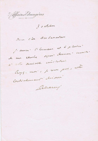 Theophile Delcasse Signed 5x7 Handwritten Letter JSA LOA French Foreign Minister