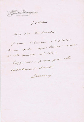 Theophile Delcasse Signed 5x7 Handwritten Letter JSA LOA French Foreign Minister