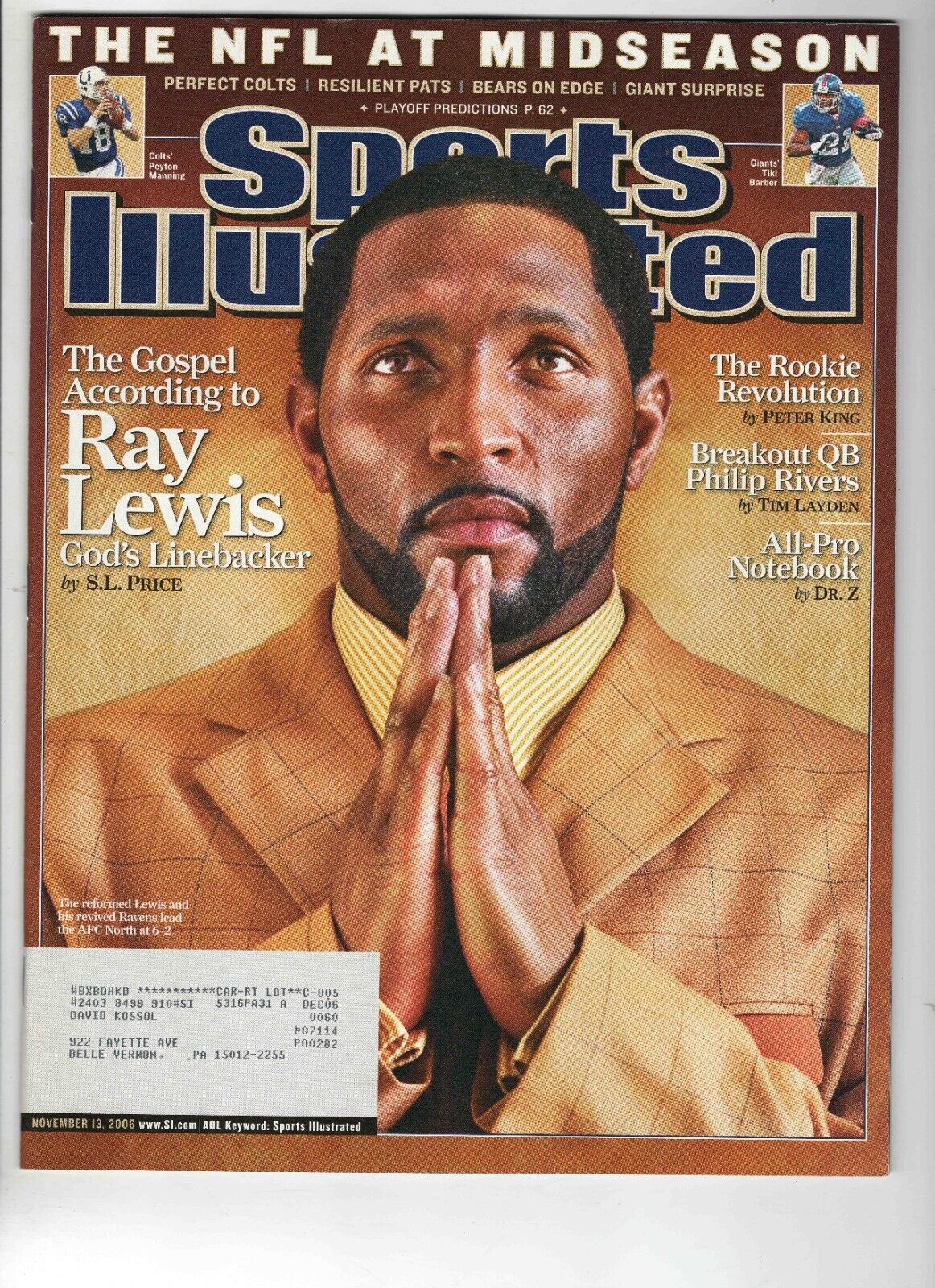 Nov 13 2006 Sports Illustrated Magazine Ray Lewis Ravens