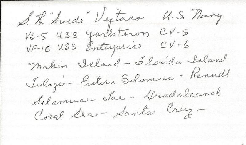 Stanley Swede Vejtasa Signed 3x5 Index Card WWII Ace Grim Reapers US Navy Inscr.