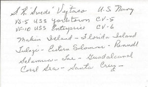 Stanley Swede Vejtasa Signed 3x5 Index Card WWII Ace Grim Reapers US Navy Inscr.