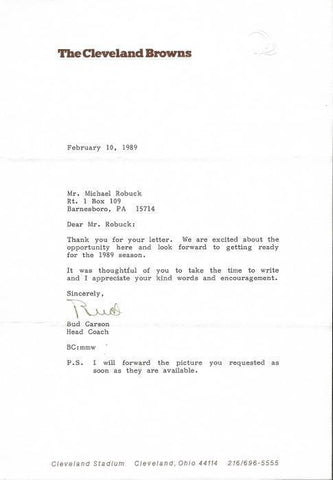 Bud Carson Signed 1989 Typed Letter Cleveland Browns