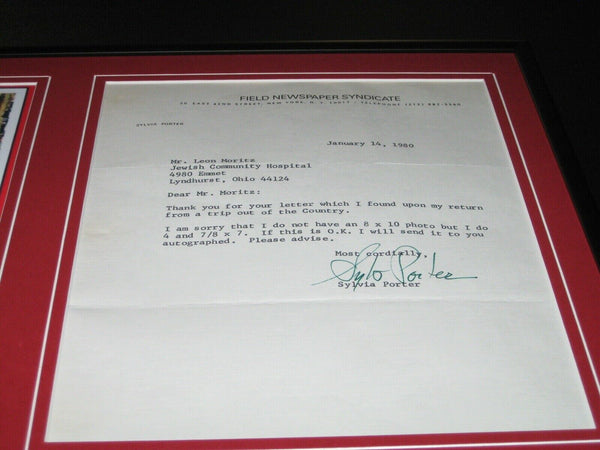 Sylvia Porter Signed Framed 1980 Letter & Photo Display Field Newspaper Synd.