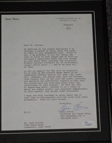 Isaac Stern Signed Framed 1974 Letter & Photo Display JSA 