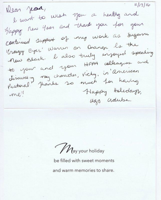 Uzo Aduba Signed Handwritten 2016 Christmas Card Orange is the New Black 