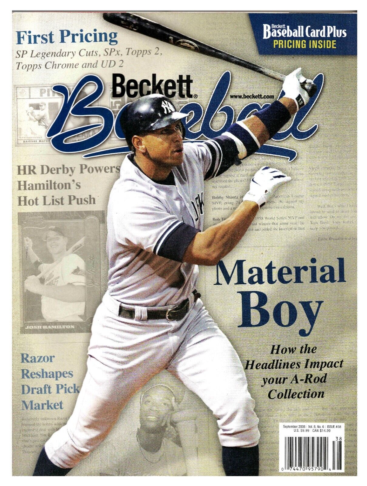 VINTAGE Sep 2008 Beckett Baseball Magazine Alex Rodriguez Yankees