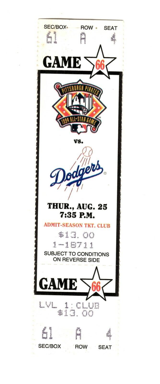 Aug 25 1994 LA Dodgers @ Pittsburgh Pirates Phantom Ticket - Strike Season