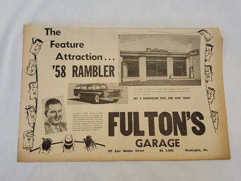 VINTAGE 1958 Rambler / Fulton's Garage Newspaper Advertisement