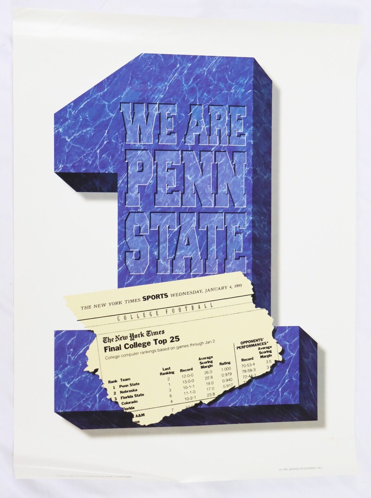 VINTAGE 1995 We Are Penn State #1 Ranking Football 18x24 Poster