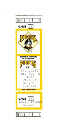 Aug 8 1989 St Louis Cardinals @ Pittsburgh Pirates Ticket Bob Walk 2B/3B/Win