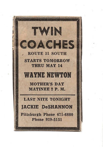 VINTAGE 1970 Wayne Newton Twin Coaches Pittsburgh Newspaper Advertisement