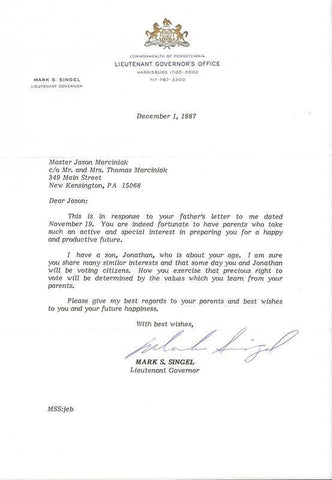 Mark Singel Signed 1987 Typed Letter PA Lieutenant Governor