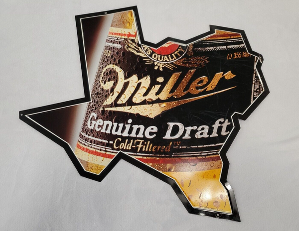 VINTAGE Miller Genuine Draft Beer MGD 24x24 Metal Texas Shaped Sign