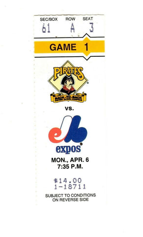 Apr 6 1992 Montreal Expos @ Pittsburgh Pirates Ticket Home Opener Doug Drabek W