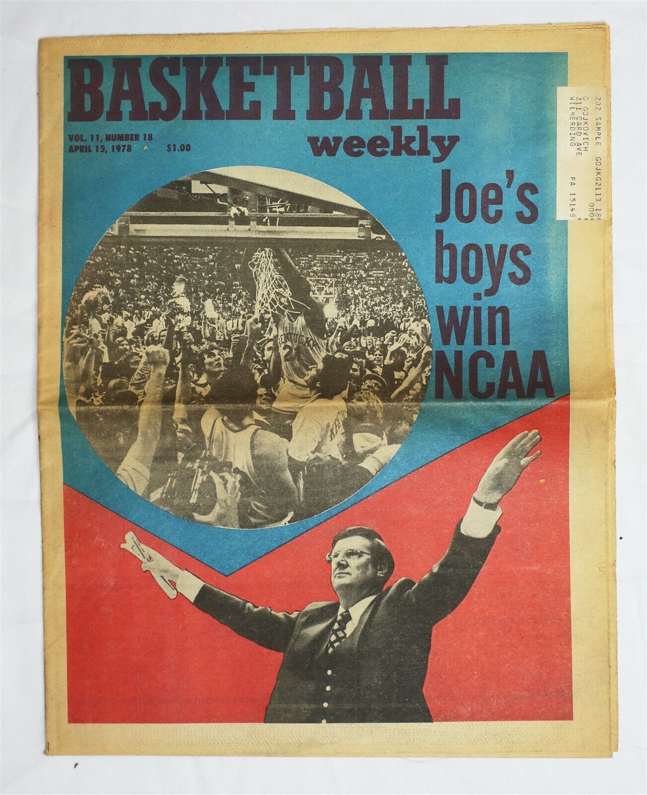  VINTAGE Apr 15 1978 Basketball Weekly Joe B Hall Kentucky Champs