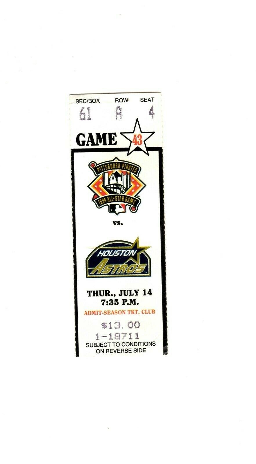 July 14 1994 Houston Astros @ Pittsburgh Pirates Ticket Ken Caminiti HR