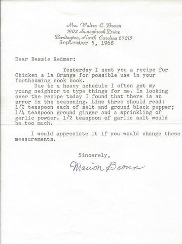 Marion Brown Signed 1968 Typed Letter The Southern Cook Book Author