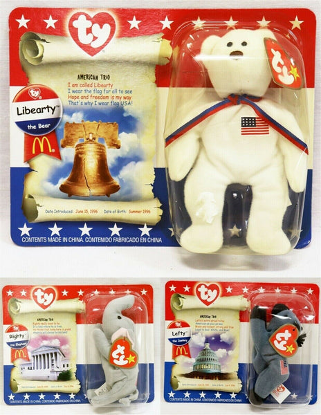 VINTAGE 2000 McDonald's Beanie Babies American Trio Set Righty Lefty Libearty