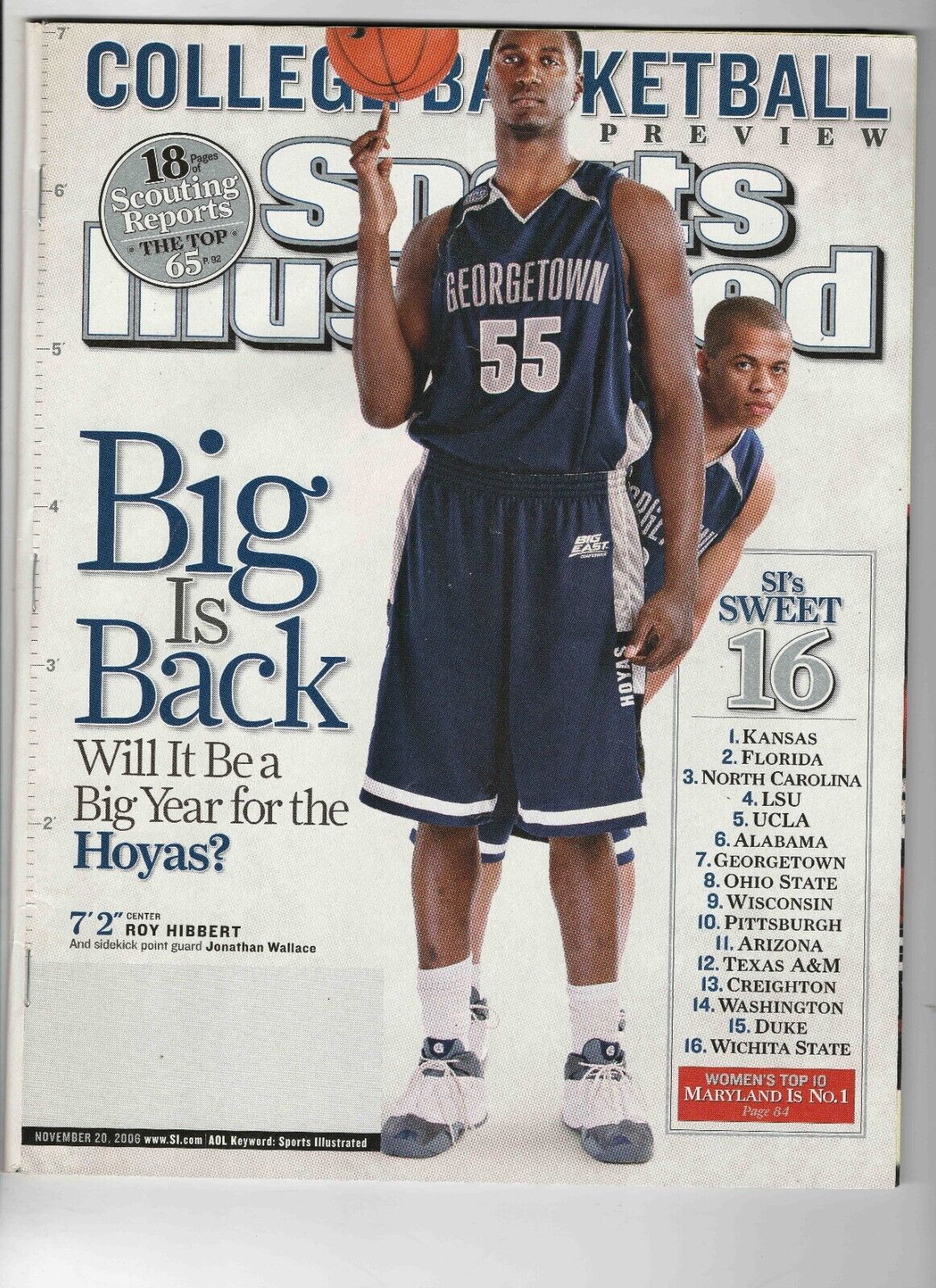 Nov 20 2006 Sports Illustrated Magazine Roy Hibbert Georgetown