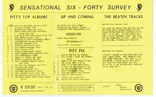 640 AM WPGH Pittsburgh Pitt VINTAGE March 14 1977 Music Survey Genesis #1