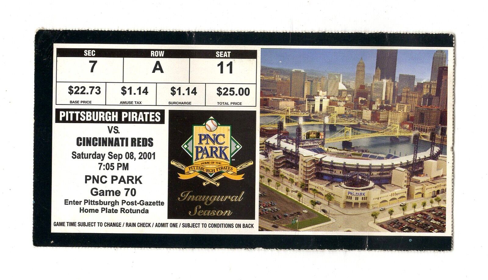 VINTAGE Sep 8 2001 Cincinnati Reds Pittsburgh Pirates Ticket Ken Griffey Jr