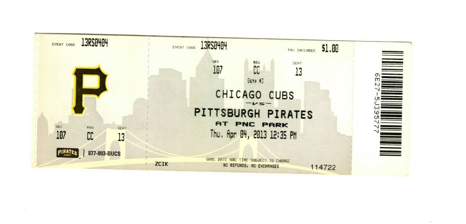 Apr 4 2013 Chicago Cubs @ Pittsburgh Pirates Ticket Andrew McCutchen A Rizzo