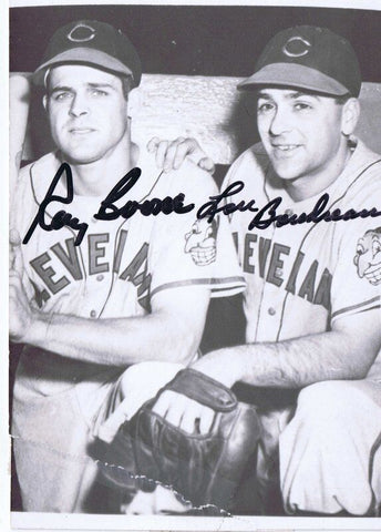 Lou Boudreau & Ray Boone Dual Signed 3.5x5.5 Photo Postcard JSA (Creased)