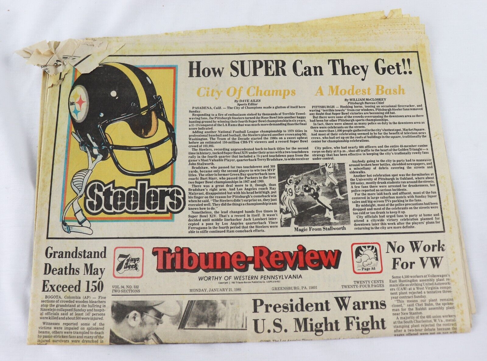 Jan 21 1980 Pittsburgh Tribune Review Newspaper Steelers Super Bowl XV Champs