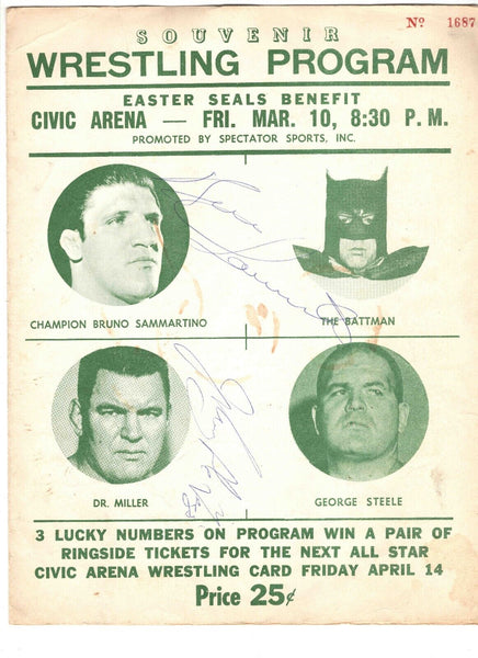 Bruno Sammartino & Johnny De Fazio Signed Vintage Wrestling Program Civic Arena