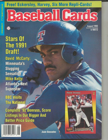 ORIGINAL Vintage Aug 1992 Baseball Cards Magazine w/ Cards Juan Gonzalez