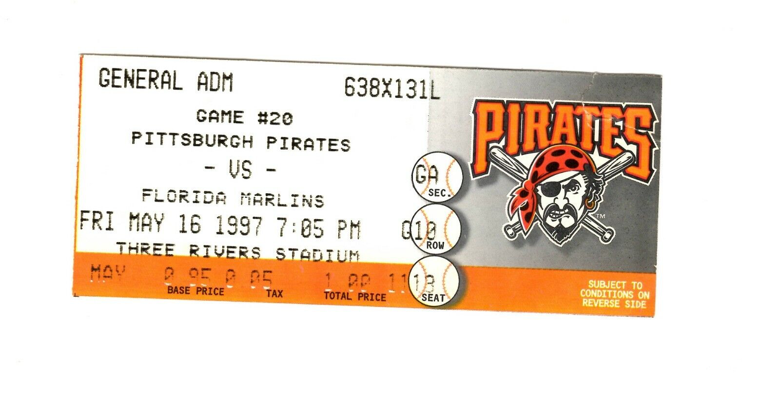 May 16 1997 Florida Marlins @ Pittsburgh Pirates Ticket Three Rivers Stadium