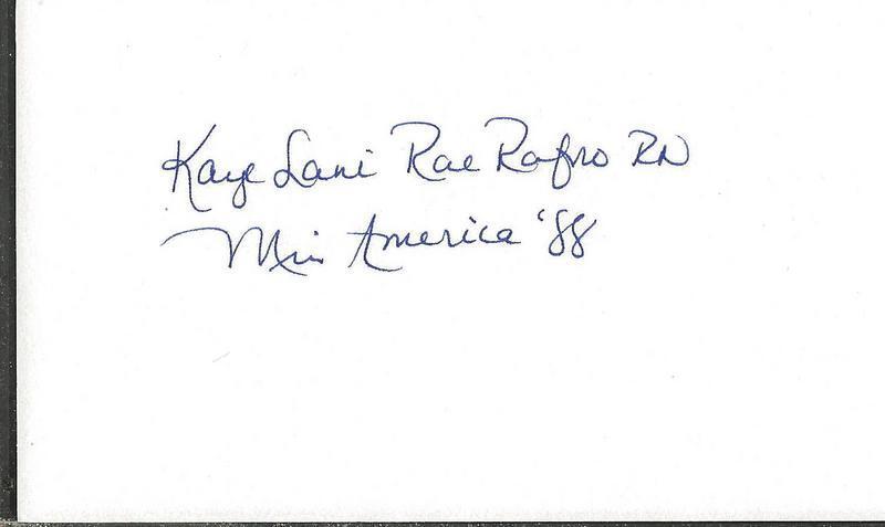 Kaye Lani Rae Rafko Signed 3x5 Index Card Miss America 1988 Inscription