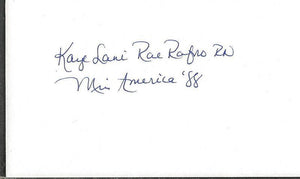 Kaye Lani Rae Rafko Signed 3x5 Index Card Miss America 1988 Inscription