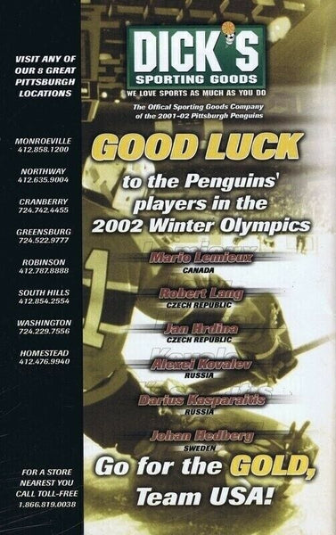 Jan 23 2002 Pittsburgh Penguins vs Tampa Program Czech Olympic Cover Straka Lang