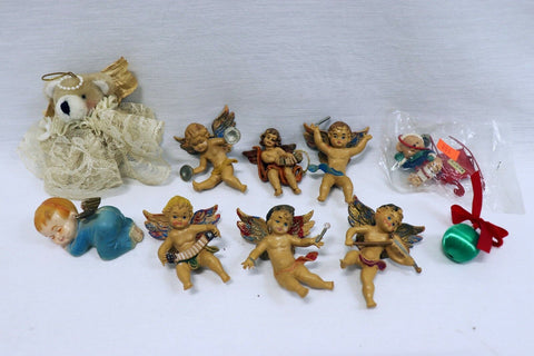 ORIGINAL Vintage Lot of 10 Christmas Ornaments w/ Angels / Brands Unknown