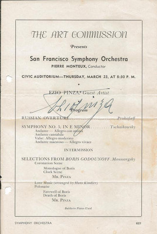 Ezio Pinza Signed Vintage San Francisco Orchestra Program Page JSA