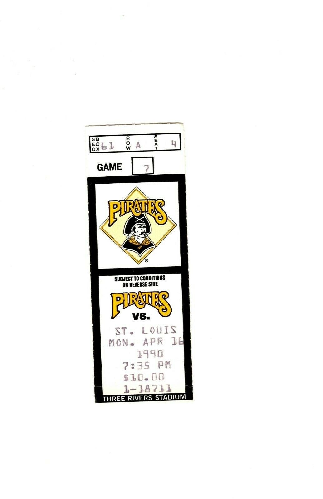 Apr 16 1990 St Louis Cardinals @ Pittsburgh Pirates Ticket Bobby Bonilla HR