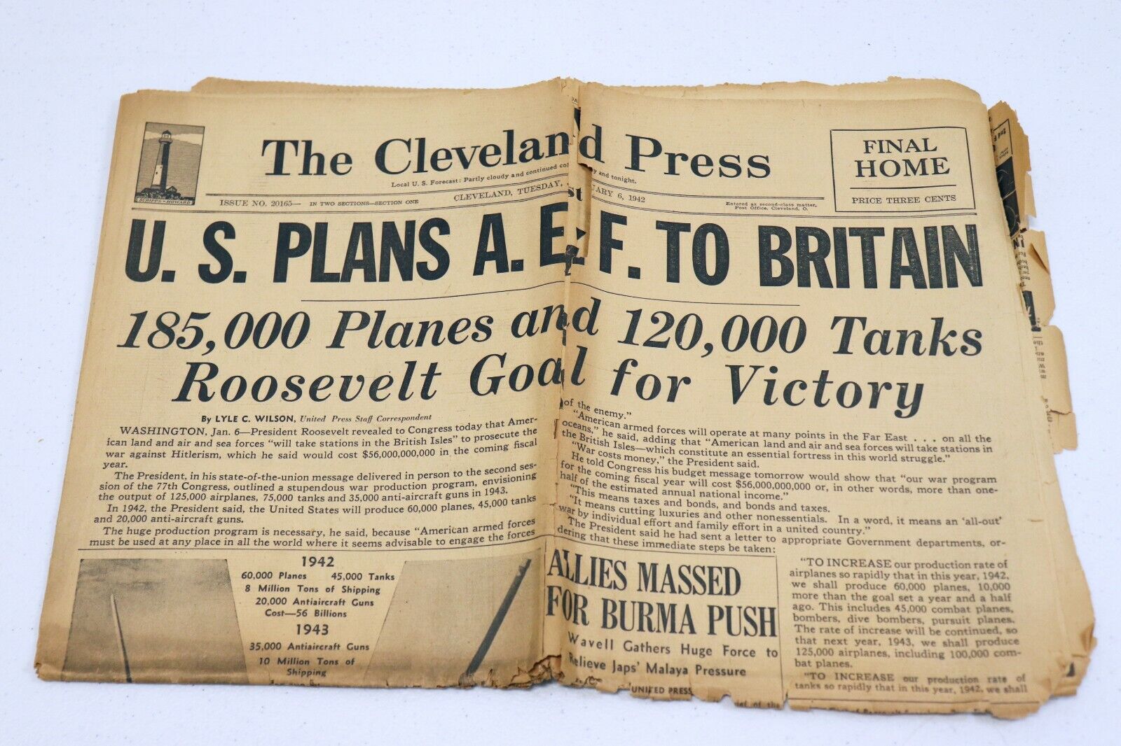 Vintage Jan 6 1942 Cleveland Press Newspaper WWII US Plans AEF to Britain