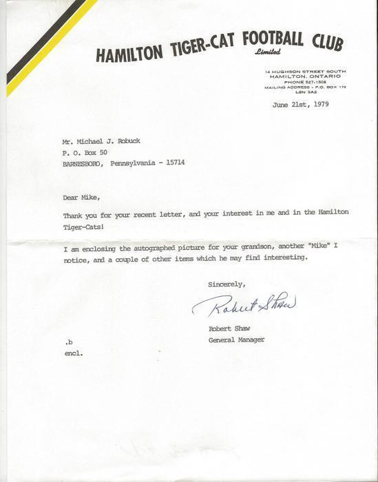 Robert Shaw Signed 1979 Typed Letter Hamilton Tiger-Cats