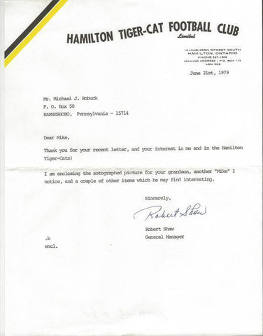 Robert Shaw Signed 1979 Typed Letter Hamilton Tiger-Cats