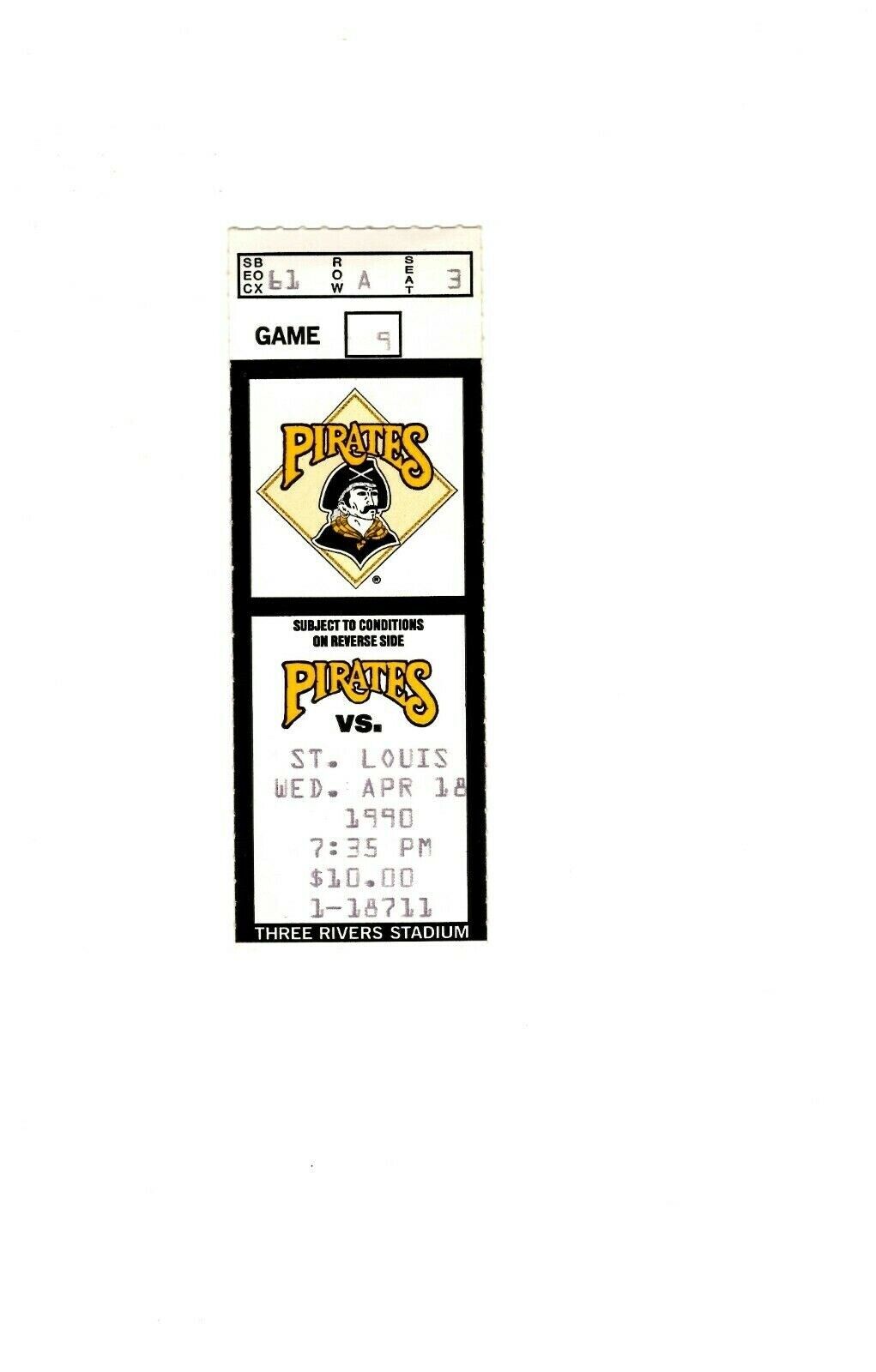 Apr 18 1990 St Louis Cardinals @ Pittsburgh Pirates Ticket Barry Bonds Bonilla