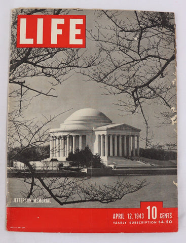 VINTAGE Apr 12 1943 Life Magazine WWII Era Jefferson Memorial Chesterfield Ad